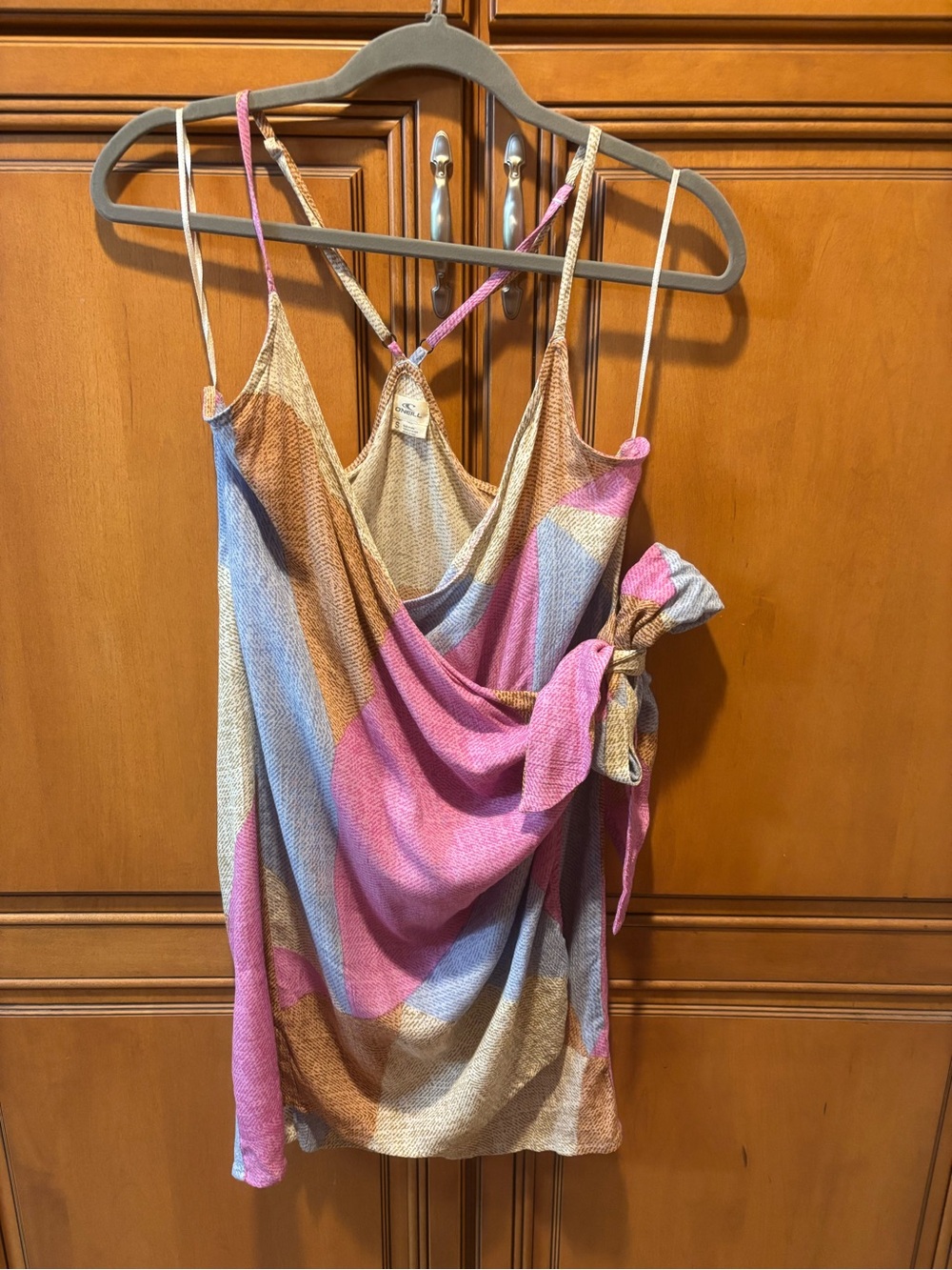 Marlo Beige Multi Print Wrap Dress. Size: S